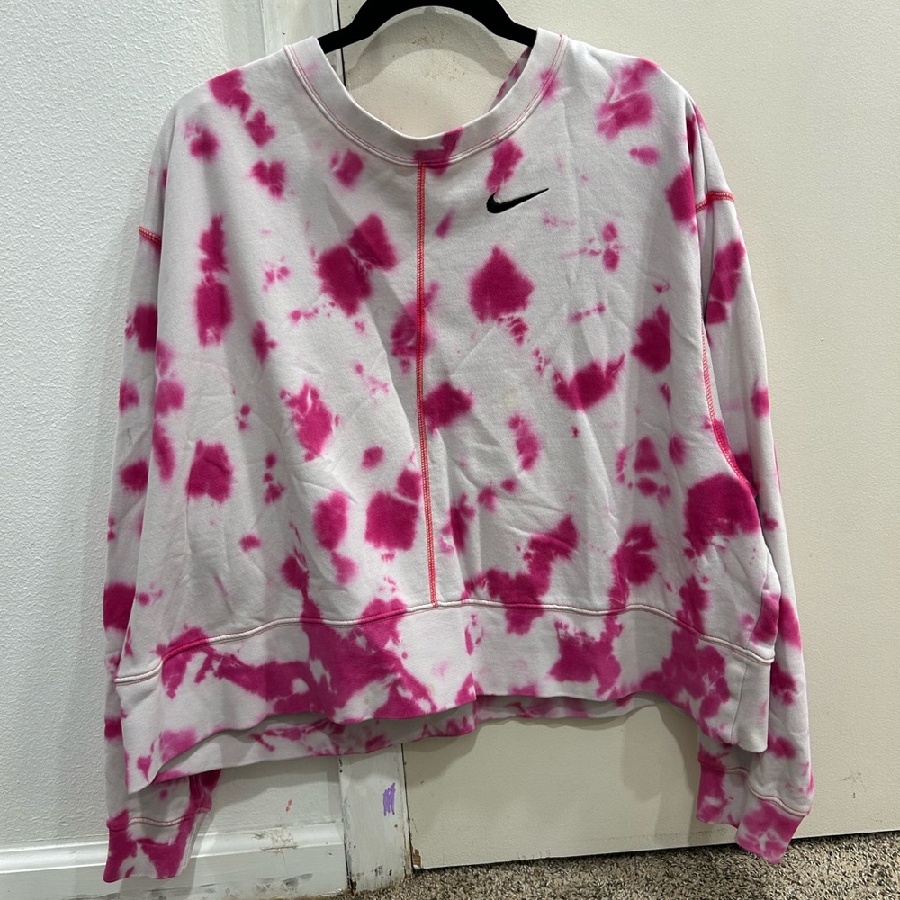 Nike pink and white tie die cropped crew neck sweater, 1X